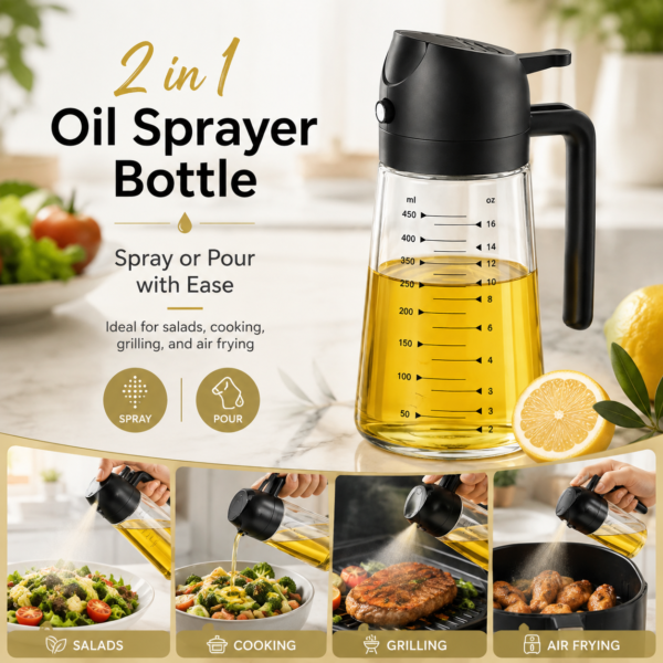 Glass Oil Sprayer & Pourer – 2-in-1 Refillable Cooking Bottle