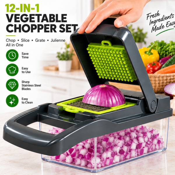 Vegetable Chopper & Mandoline Slicer – 12-in-1 with Container